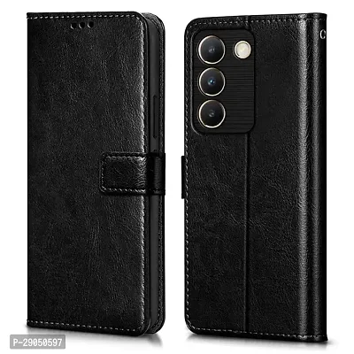 Fastship Vintage Magnatic Closer Matte Leather Flip Cover for Vivo V2334 / Vivo T3 - 5G - Gravity Black-thumb0