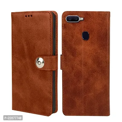 Fastship Cover Genuine Matte Leather Finish Flip Cover for Oppo CPH1809  Oppo A5  Wallet Style Back Cover Case  Stylish Button Magnetic Closure  Brown-thumb0