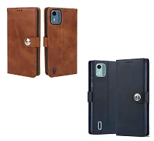 Fastship Leather Finish Combo 2 Flip Cover for Nokia C12 Android 12 | Wallet Button Magnetic for Nokia C12 - Brown / Blue-thumb1