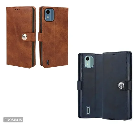 Fastship Leather Finish Combo 2 Flip Cover for Nokia C12 Android 12 | Wallet Button Magnetic for Nokia C12 - Brown / Blue-thumb2