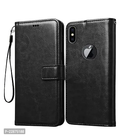 Fastship Vintage Magnatic Button Case Inside Build Back TPU Stand View Lether Flip Cover for Apple I Phone X  Black-thumb2