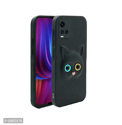 Fastship Coloured 3D POPUP Billy Eye Effect Kitty Cat Eyes Leather Rubber Back Cover for vivo Y21s  Pitch Black