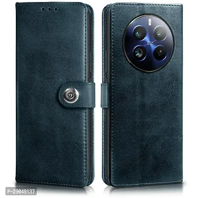 Fastship Genuine Leather Finish Flip Cover for Realme 12Pro+ /12pro /P1 Pro| Inside Back TPU Wallet Button Magnetic Closure for Realme 12 Pro+ 5G - Navy Blue-thumb0