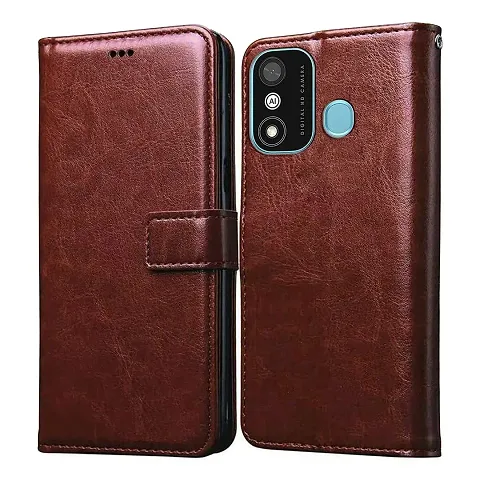 Cloudza Itel A27 Flip Back Cover | PU Leather Flip Cover Wallet Case with TPU Silicone Case Back Cover for Itel A27 Brown
