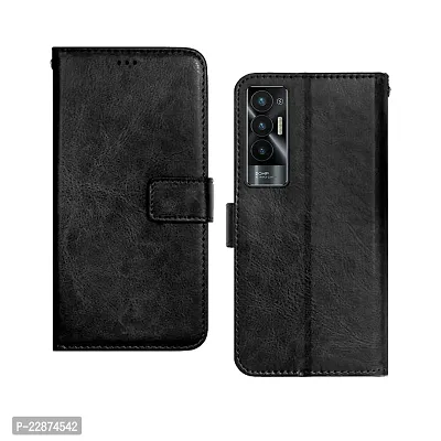 Coverage New case Leather Finish Inside TPU Back Case Wallet Stand Magnetic Closure Flip Cover for Tecno POVA 5G  Venom Black