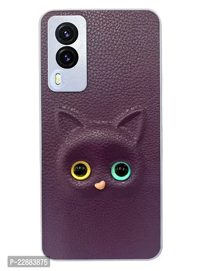 Coverage Coloured 3D POPUP Billy Eye Effect Kitty Cat Eyes Leather Rubber Back Cover for Vivo V21e  Purple-thumb0