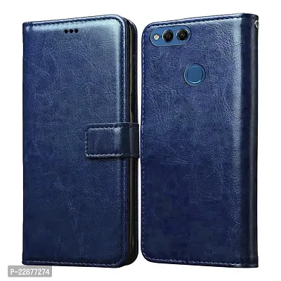 Fastship Vintage Magnatic Button Case Inside Build Back TPU Stand View Lether Flip Cover for Honor 7X  BND AL10  Blue-thumb2