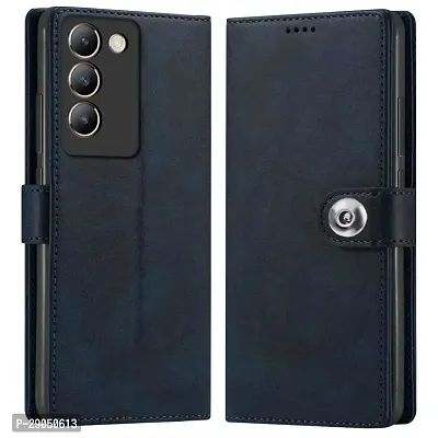 Fastship Genuine Leather Finish Flip Cover for Vivo V2334 / Vivo T3 - 5G | Inside Back TPU Wallet Button Magnetic Closure for Vivo T3 5G- Navy Blue-thumb0