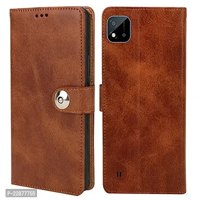 Fastship Cover Genuine Matte Leather Finish Flip Cover for Realme RMX3063 Realme C20  Wallet Style Back Cover Case  Stylish Button Magnetic Closure  Brown