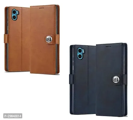 Fastship Genuine Leather Finish Combo 2 Flip Cover for Motorola Moto E32 | Wallet Button Magnetic for Motorola E32 - Brown / Blue-thumb2