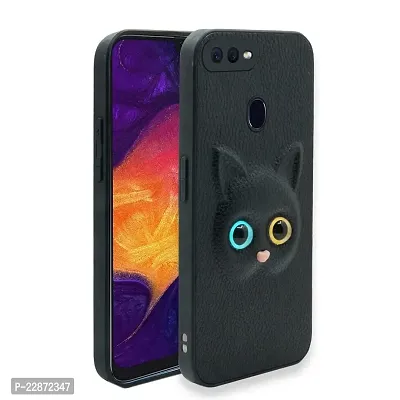 Coverage Coloured 3D POPUP Billy Eye Effect Kitty Cat Eyes Leather Rubber Back Cover for Oppo F9  Pitch Black
