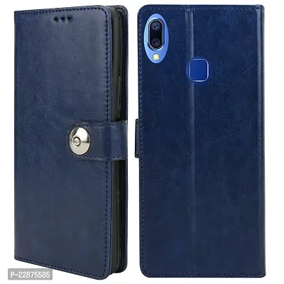 Fastship Cover Genuine Matte Leather Finish Flip Cover for Vivo 1726  Vivo Y83Pro  Wallet Style Back Cover Case  Stylish Button Magnetic Closure  Navy Blue-thumb0