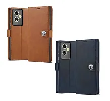 Fastship Genuine Leather Finish Combo 2 Flip Cover for OPPO CPH2617 / OPPO _A59 5G | Wallet Button Magnetic for OPPO A59 5G - Brown / Blue-thumb1