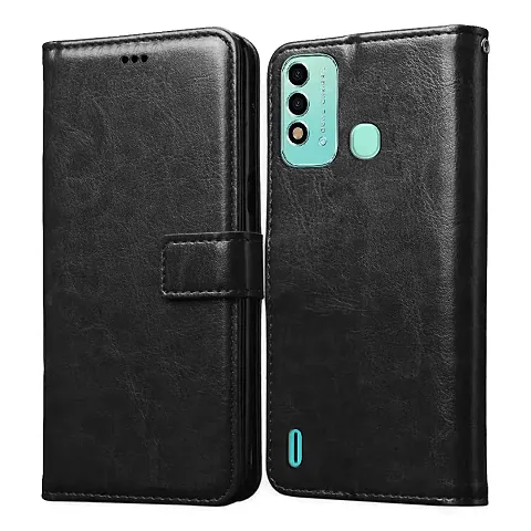 Cloudza Itel Vision 2s Flip Back Cover | PU Leather Flip Cover Wallet Case with TPU Silicone Case Back Cover for Itel Vision 2s Bk