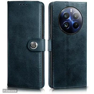 Fastship Genuine Leather Finish Flip Cover for Realme P1 / 70 Pro / 12+ 5G| Inside Back TPU Wallet Button Magnetic Closure for Realme P1 5G - Navy Blue