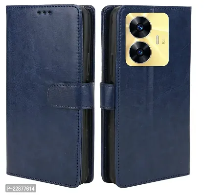 Fastship Cover Case Vintage Magnatic Button Case Inside Build Back TPU Stand View Lether Flip Cover for Realme RMX3710  Narzo N55  Blue-thumb2