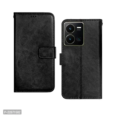 Fastship Vintage Magnetic Leather Wallet Case Book Flip Cover for Vivo V2205 VIVO Y35  Charcoal Black-thumb0