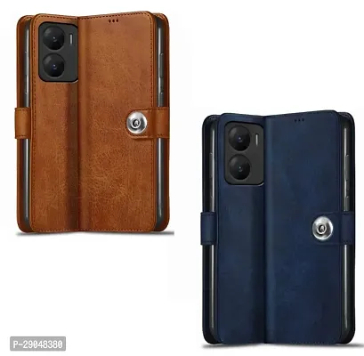 Fastship Vivo V29e 5G Combo 2 Flip Cover | Wallet Button Magnetic Leather Case for Vivo V29e 5G - Blue / Brown