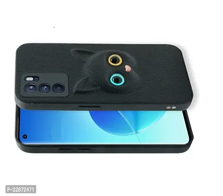 Coverage Coloured 3D POPUP Billy Eye Effect Kitty Cat Eyes Leather Rubber Back Cover for Oppo Reno6 5G  Pitch Black-thumb2