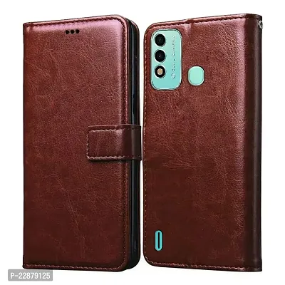 Fastship Vintage Magnatic Button Case Inside Build Back TPU Stand View Lether Flip Cover for itel L6006  itel A48  Brown-thumb2