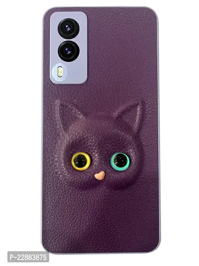 Coverage Coloured 3D POPUP Billy Eye Effect Kitty Cat Eyes Leather Rubber Back Cover for Vivo V21e  Purple-thumb2