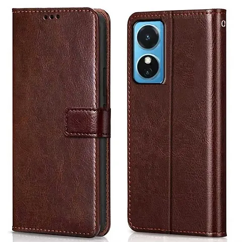 Cloudza Vivo T1 44W Flip Back Cover | PU Leather Flip Cover Wallet Case with TPU Silicone Case Back Cover for Vivo T1 44W Brown