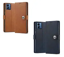 Fastship Genuine Leather Finish Combo 2 Flip Cover for Motorola Moto G14 | Wallet Button Magnetic for Motorola G14 - Brown / Blue-thumb1