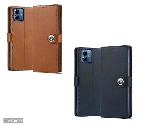 Fastship Genuine Leather Finish Combo 2 Flip Cover for Motorola Moto G14 | Wallet Button Magnetic for Motorola G14 - Brown / Blue-thumb2