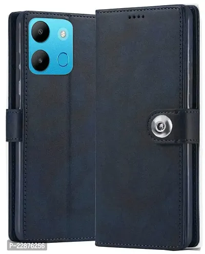 Fastship Genuine Matte Leather Finish Flip Cover for itel A662L  itel A60  Inside Back TPU  Stand  Wallet Stylish Button Magnetic Closure for itel A60  Navy Blue-thumb0