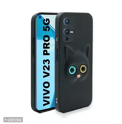 Coverage Coloured 3D POPUP Billy Eye Effect Kitty Cat Eyes Leather Rubber Back Cover for Vivo V23 5G  Pitch Black-thumb2