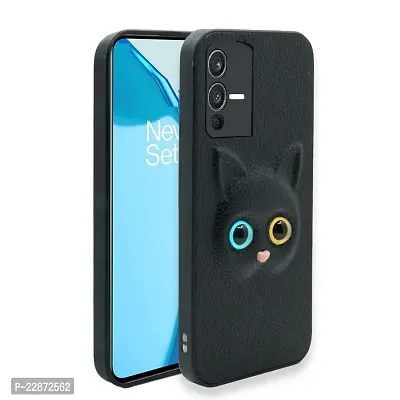 Coverage Coloured 3D POPUP Billy Eye Effect Kitty Cat Eyes Leather Rubber Back Cover for Vivo V23 5G  Pitch Black-thumb0