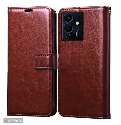 Fastship Vintage Magnatic Button Case Inside Build Back TPU Stand View Lether Flip Cover for Infinix Note 12 5G X671  Brown-thumb2