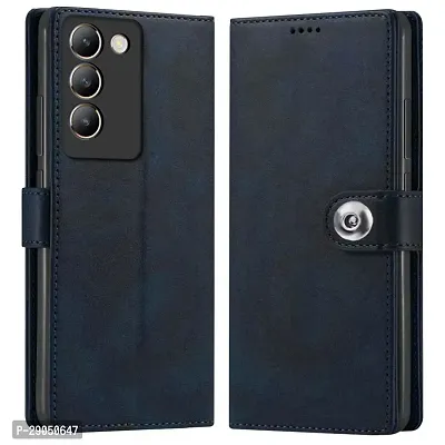 Fastship Genuine Leather Finish Flip Cover for Vivo V2336 / Vivo Y200e -5G | Inside Back TPU Wallet Button Magnetic Closure for Vivo Y200e 5G- Navy Blue-thumb0