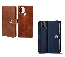 Fastship Leather Finish Combo 2 Flip Cover for Redmi A1+ Mi | Wallet Button Magnetic for MI Redmi A1 Plus - Brown / Blue-thumb1