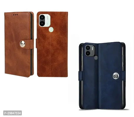 Fastship Leather Finish Combo 2 Flip Cover for Redmi A1+ Mi | Wallet Button Magnetic for MI Redmi A1 Plus - Brown / Blue-thumb2