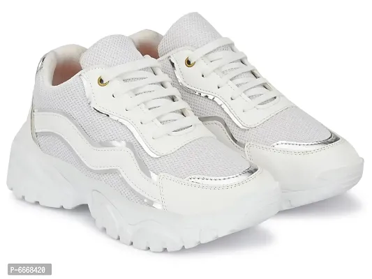 Elegant White Mesh Self Design Sports Shoes For Women-thumb3