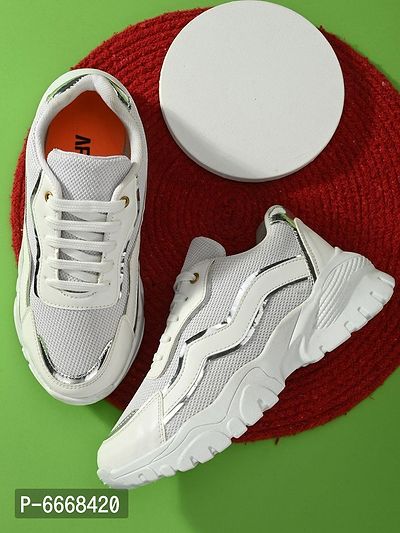 Elegant White Mesh Self Design Sports Shoes For Women-thumb0