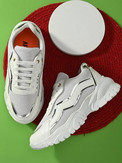 Elegant White Mesh Self Design Sports Shoes For Women