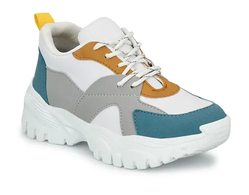Elegant White Synthetic Leather Self Design Sports Shoes For Women