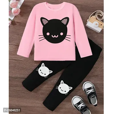 Girls Cat Printed Pink Tshirt And Pant Set-thumb0