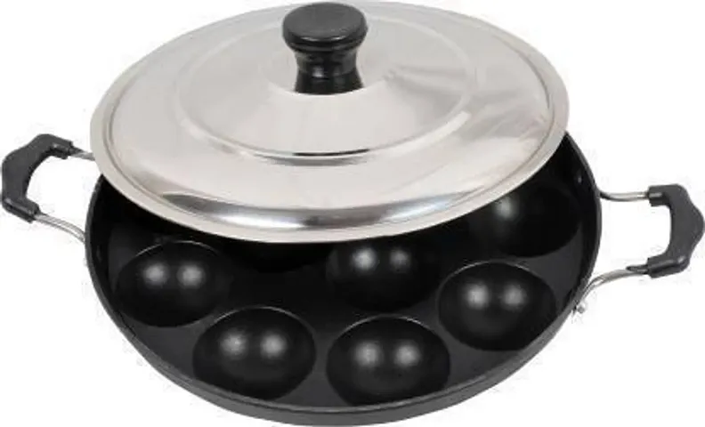 G-MART Non-Stick 12 Cavity Aluminium Appam Patra Paniyarakal with 2 Side Handle and Stainless Steel Lid