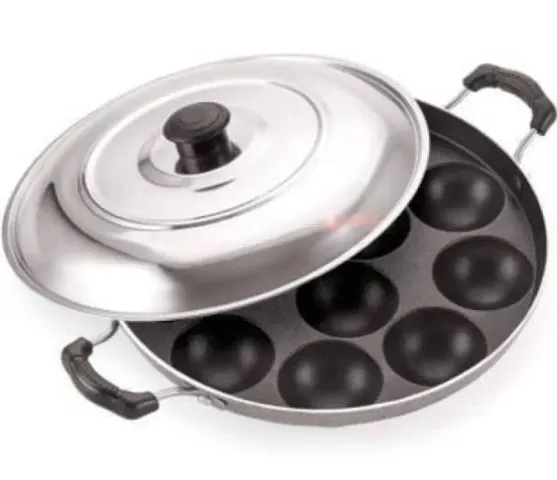 ATROCK 12 Cavities Non Stick Grey Appam Patra with Lid and Side Handle| Paniarakkal with Lid 0.5 L (Aluminium, Non-Stick)