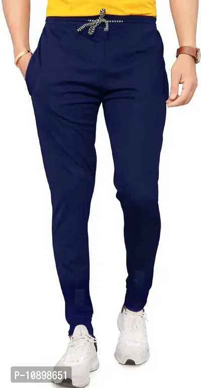 Stylish Navy Blue Polyester Solid Regular Track Pants For Men