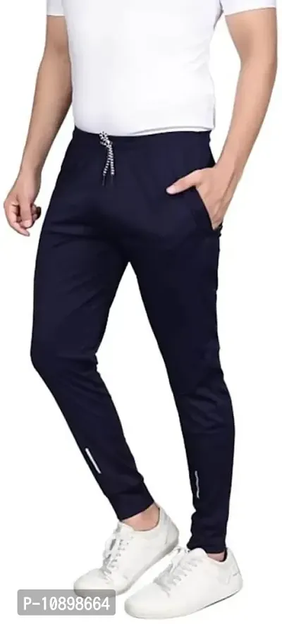 Stylish Navy Blue Cotton Spandex Solid Regular Track Pants For Men-thumb3