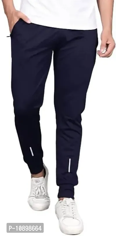 Stylish Navy Blue Cotton Spandex Solid Regular Track Pants For Men-thumb0