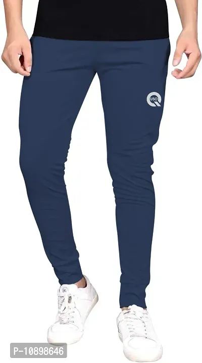 Stylish Navy Blue Cotton Spandex Solid Regular Track Pants For Men