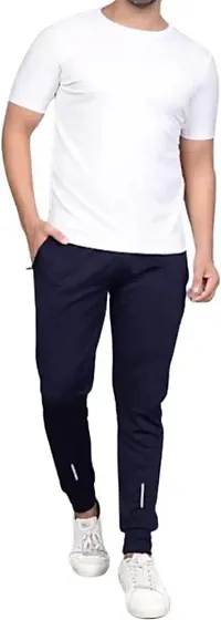 Stylish Navy Blue Cotton Spandex Solid Regular Track Pants For Men-thumb3