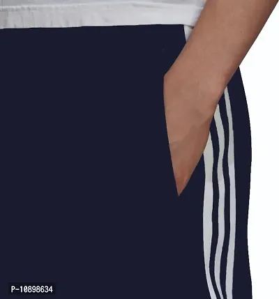 Stylish Navy Blue Cotton Blend Striped Regular Track Pants For Men-thumb3