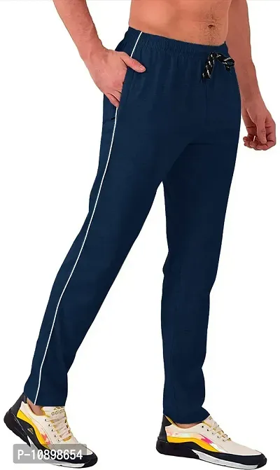 Stylish Blue Cotton Blend Solid Regular Track Pants For Men