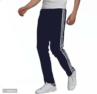 Stylish Navy Blue Cotton Blend Striped Regular Track Pants For Men-thumb0